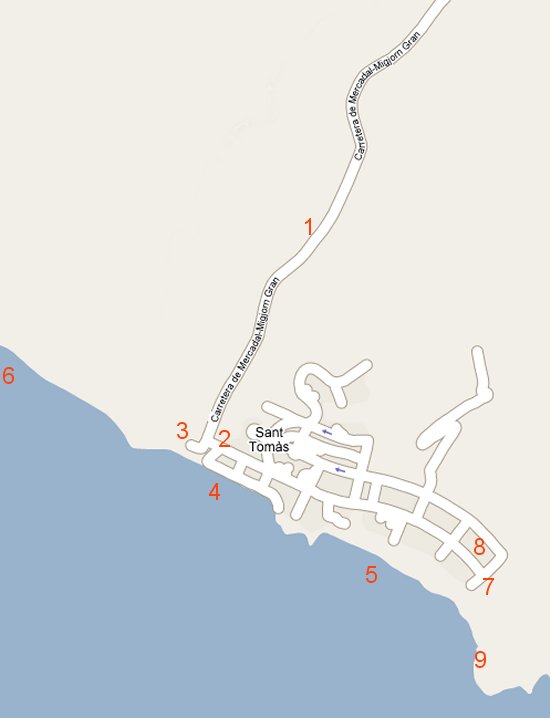 Mapa de acceso a la urbanizacion de Santo Tomas y las playas de San Adeodato y Binigaus en Es Migjor Gran