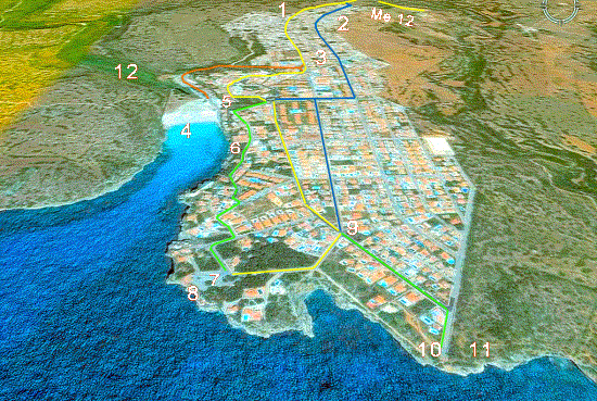 Mapa de calan Porter, localizacion de puntos de informacion de acceso a la urbanizacion y la playa de calan porter la discoteca Cova de en Xoroi y el sendero a Calas Covas